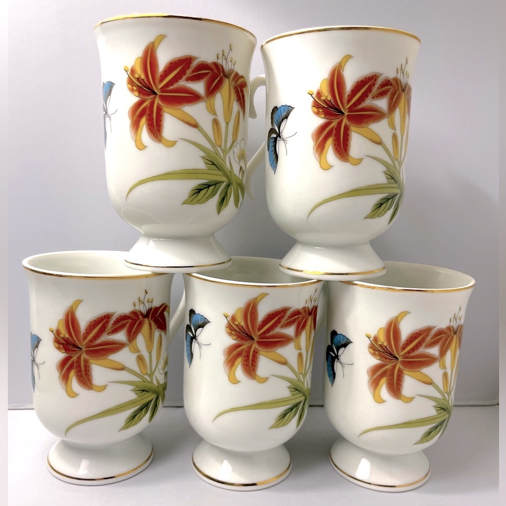5 Shafford Chinese Garden Butterfly Fine China Footed Tea Cups,‎ Vintage